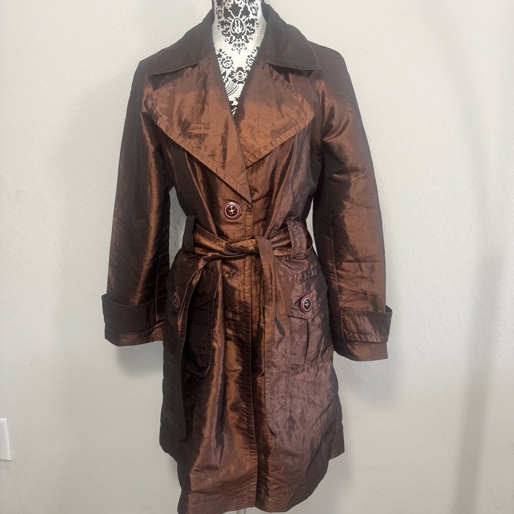 Bandolino Women's Metallic Copper Button Up Trench Coat Sz S Small